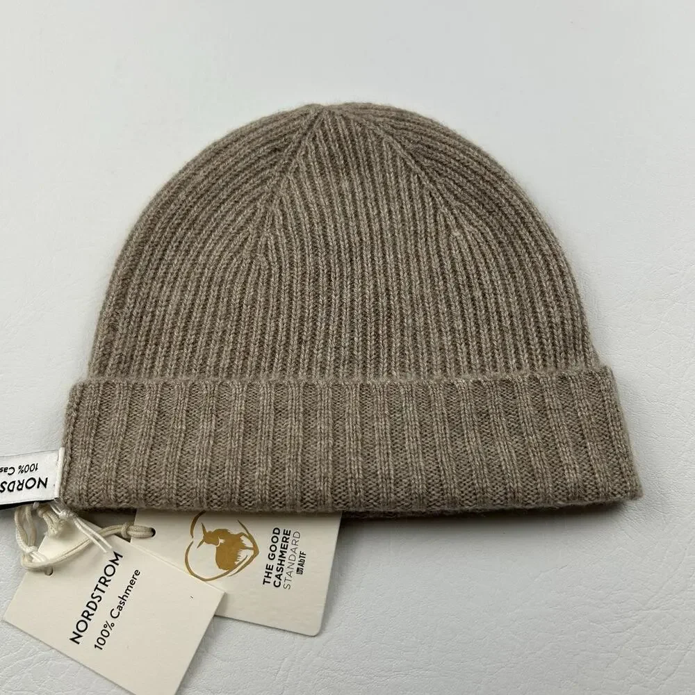 Nordstrom 100% Cashmere Rib Knit Beanie Hat Taupe One Size Soft Luxury NWT